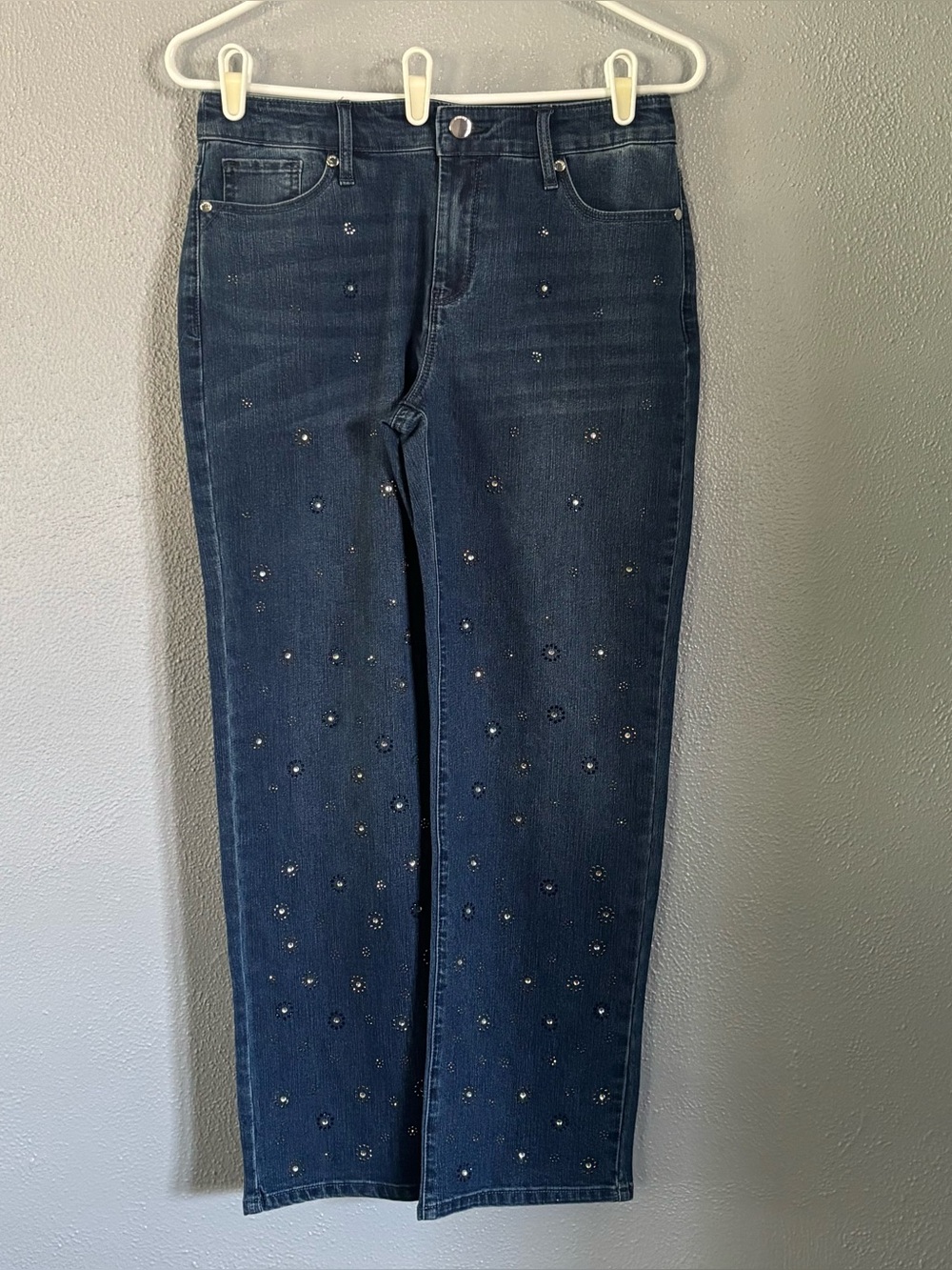 Chicos Blue Denim Stretch Straight Leg Jeans With Gemstone Accents Womens Size S